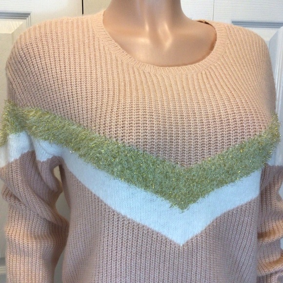 Nine West Womens Pink Metallic Shine Chevron Print Pullover Sweater Size Small - Picture 2 of 10